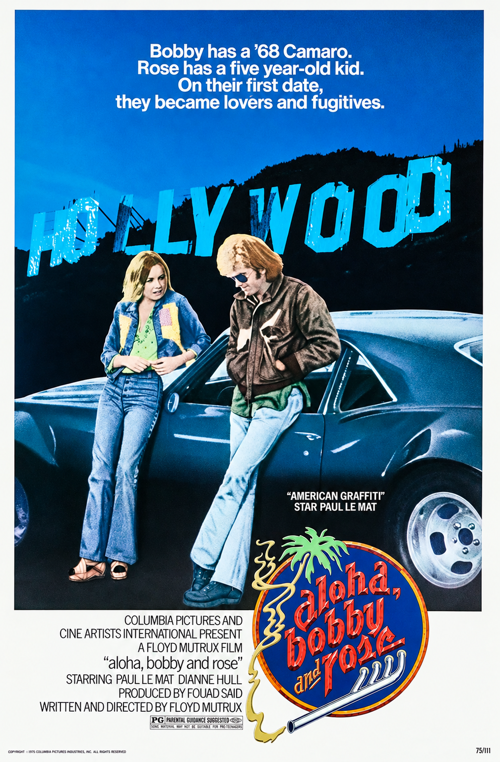 1975 Aloha, Bobby and Rose poster featuring Dianne Hull and Paul Le Mat by a Camaro against the Hollywood sign.